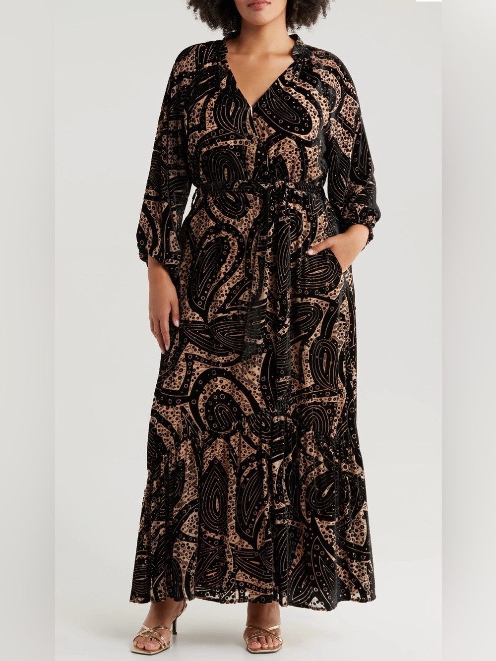 Ciebon Aria Tie Belt Long Sleeve Burnout Velvet Maxi Dress Sz 2X Pockets